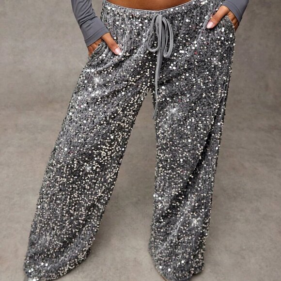Dark Grey Party Women's Velvet Silver Sequin Drawstring Wide Leg Pants - Picture 6 of 6